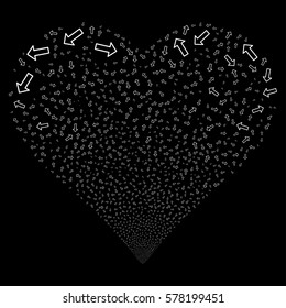 Arrow fireworks with heart shape. Vector illustration style is flat white iconic symbols on a black background. Object salute combined from scattered design elements.