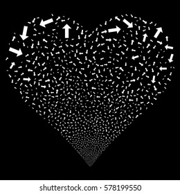 Arrow fireworks with heart shape. Vector illustration style is flat white iconic symbols on a black background. Object love heart constructed from confetti pictograms.