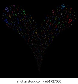 Arrow fireworks stream. Vector illustration style is flat bright multicolored iconic arrow symbols on a black background. Object fountain combined from random design elements.