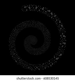 Arrow fireworks swirling spiral. Vector illustration style is flat white scattered symbols. Object swirl done from random pictograms.