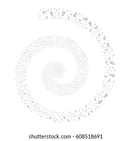 Arrow fireworks vortex spiral. Vector illustration style is flat gray scattered symbols. Object whirl made from random design elements.