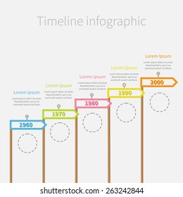 Arrow Flag on sticks Timeline Infographic with dash line circles and text. Template. Flat design. Vector illustration