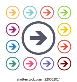 arrow flat icons set. Open round colorful buttons. Vector 