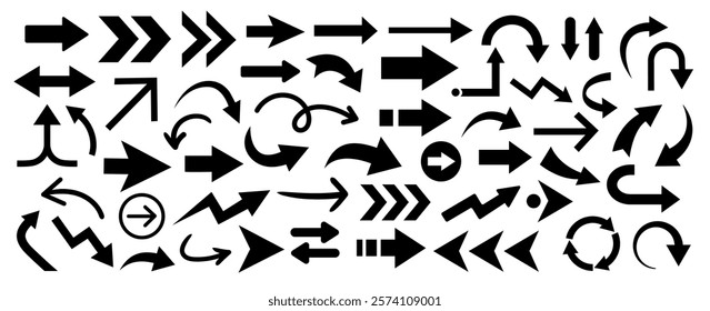 Arrow flat icons vector set. Black direction pointers silhouettes. Various arrows signs isolated on white background. Navigation symbols and directional icons