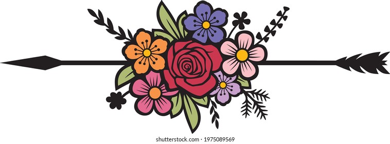 Arrow and flowers color vector illustration