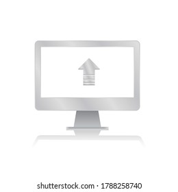 up arrow fo upload icon inside blank screen computer monitor with reflection minimalist modern icon vector illustration