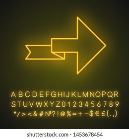 Arrow with folding line neon light icon. Right turning arrowhead. Next ribbon arrow. Direction indicator. Motion pointer. Glowing sign with alphabet, numbers and symbols. Vector isolated illustration