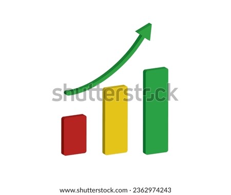Up arrow following increasing 3D graph icon. Ascending graph with red, yellow and green bars. 3D vector illustration on white background. Positive forecast concept