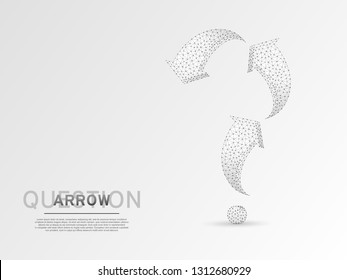 Arrow in form of a question mark. Three arrow goes up and down wireframe digital 3d illustration. Low poly abstract FAQ concept with lines, dots on white background. Vector origami style polygonal RGB