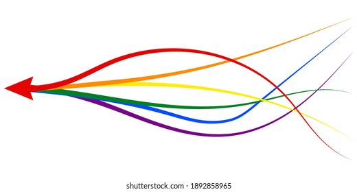 arrow formed by multiple merging lgbt pride colourful lines on white background. Partnership, merger, alliance and integration concept