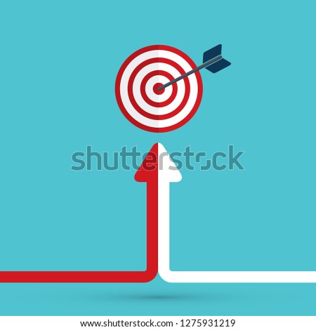 arrow formed by two merging red and white lines on turquoise blue. Partnership, merger, alliance and integration concept. Flat design, vector 