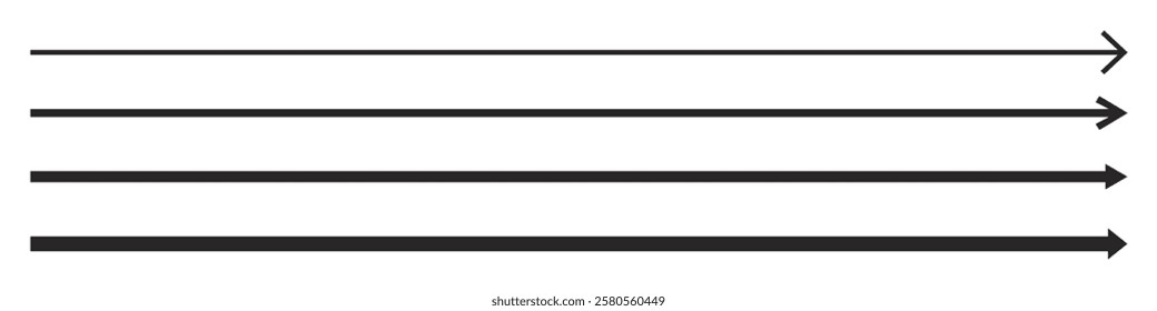 Arrow forward or right. Long black arrow, straight line. Arrow set. Vector. EPS10.