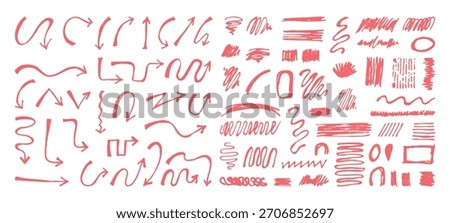 Arrow freehand drawing and hand drawn scribble shapes element bundle.