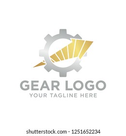 Arrow Gear Logo Design. gear and arrow up logo combination. Mechanic and growth symbol or icon. Unique factory and industrial logotype design template. Gear Up Arrow Logo Template