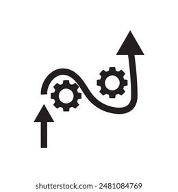 Flecha con engranajes, signo plano sobre fondo blanco, proceso ágil, desarrollo de metodología e icono de software de trabajo flexible
