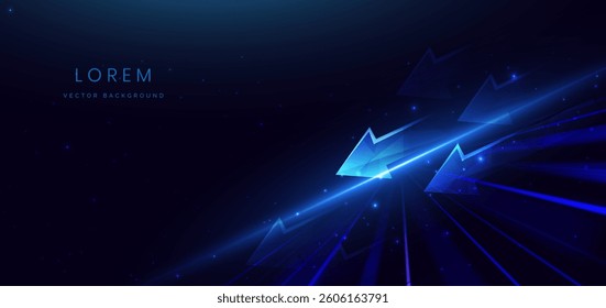 Arrow glowing blue diagonal with lighting effect on dark blue background. Business investment graph down, financial data, futuristic technology. Vector illustration