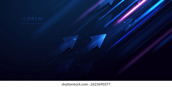 Flecha diagonal azul brillante con efecto de iluminación sobre fondo azul oscuro. Gráfico de inversión empresarial hacia abajo, datos financieros, tecnología futurista. Ilustración vectorial