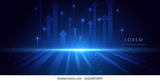 Arrow up glowing blue with lighting effect on dark blue background. Business investment graph down, financial data, futuristic technology. Vector illustration