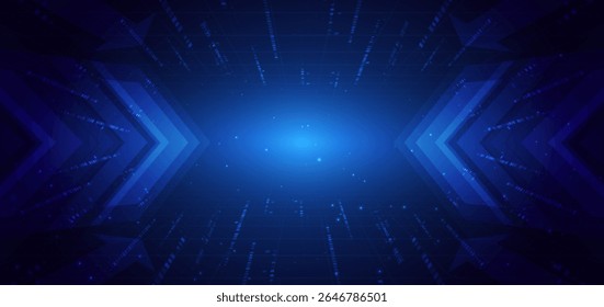 Arrow glowing blue with lighting effect on dark blue background. Business investment graph down, financial data, futuristic technology. Vector illustration