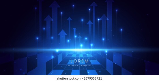 Arrow up glowing blue with lighting effect on dark blue background. Business investment graph down, financial concept. Vector illustration