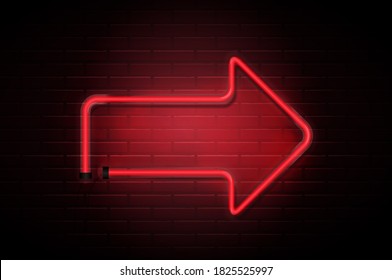 Arrow Glowing Neon Pink Tubes on Dark Brick Wall  Background. Vector Illustration EPS10