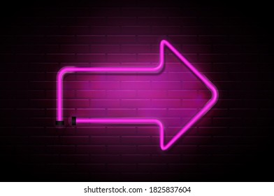 Arrow Glowing Neon Pink Tubes on Dark Brick Wall  Background. Vector Illustration EPS10