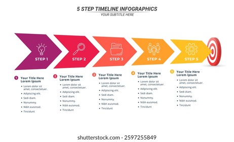 Arrow Goal Infographic Timeline with 5 Steps on a 16:9 Layout for Business Presentation, Poster, Banner and Booklet.