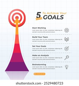 Arrow Goal Infographics 5 etapas para atingir suas metas em um layout de proporção de 1:1 para feeds de apresentação, livreto e mídias sociais.