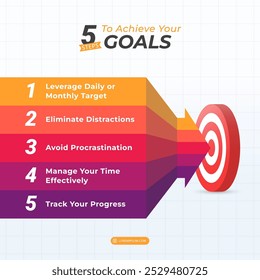 Arrow Goal Infographics 5 etapas para atingir suas metas em um layout de proporção de 1:1 para feeds de apresentação, livreto e mídias sociais.