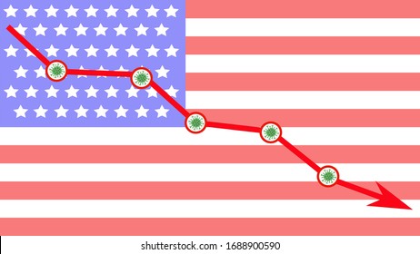 Arrow goes down, USA flag on background, decline of the economy in USA. Coronavirus impacts global economy. Global economic crises. Global economic recession, American financial crisis