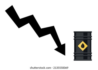 Arrow going down and oil barrel as illustration of oil crisis. Vector isolated on white