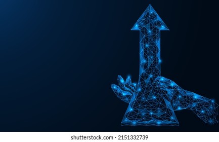 Arrow going up in the hand. A low-poly construction of interconnected lines and dots. Blue background.