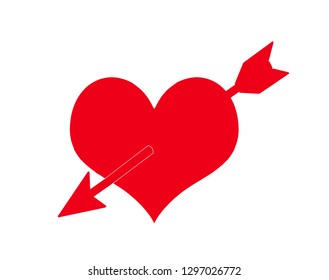 Arrow Going Through Heart. Red Love Sign. Happy Valentines Day Symbol Isolated On White Background. Vector Illustration. Romance Element. Sticker, Patch, Badge for Valentine Card, Minimal Design Style