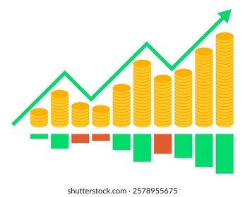 Arrow up and gold coins. Upward economic growth indicator. Growth and volatility indicator. Stock market growth. Trading cryptocurrency, stocks and bonds. Banner and poster design. Vector illustration