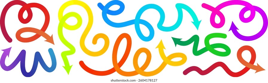 Arrow gradation, squiggly gradient vector line set. Curved carnival change icon. Rise pattern, doodle shape brush element. 3d dynamic multi colored curly loop spiral strokes. Abstract twirl bold paint