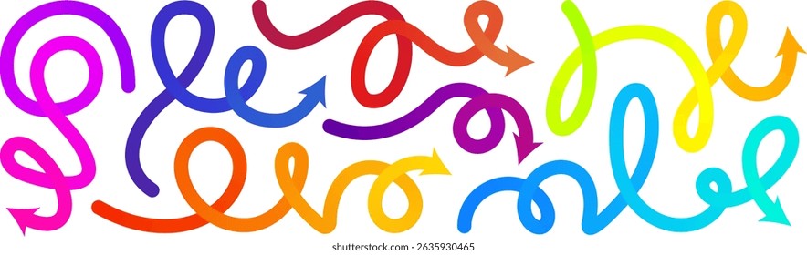 Arrow gradation, squiggly gradient vector line set. Curved carnival change icon. Rise pattern, doodle shape brush element. 3d dynamic multi colored curly loop spiral strokes. Abstract twirl bold paint