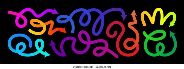 Arrow gradation, squiggly gradient vector line set. Curved carnival change icon. Rise pattern, doodle shape brush element. 3d dynamic multi colored curly loop spiral strokes. Abstract twirl bold paint