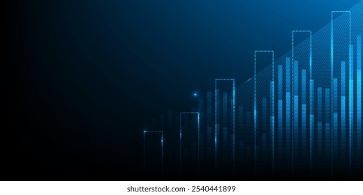 Gráfico de seta, fundo abstrato financeiro e de investimento. Crescimento dos lucros empresariais no mapa de tecnologia. Tendência gráfica da estratégia de investimento econômico. Gráfico de mercado. Lucro. Dinheiro. Ilustração vetorial. Alta tecnologia.