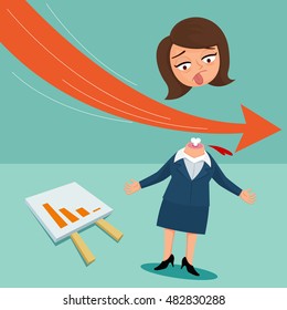 Arrow graph going down and stab businesswoman crisis concept, vector illustration cartoon