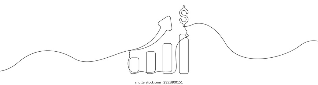 Up arrow graph line continuous drawing vector. One line Dollar growth arrow vector background. Currency growth chart icon. Continuous outline of a Chart.