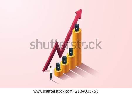 Arrow graph of rising oil prices Crude Oil Growth from War Crisis at Record High Businessmen shocked by gallons of oil on higher coins. isometric vector illustration.
