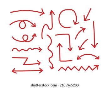 Juego de gráficos de flecha dibujado con lápiz rojo. Flechas dibujadas a mano en diferentes formas y direcciones.