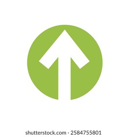 up arrow in green circle. Isolated on white. Upload icon. Sign of improvement. Growth symbol. The arrow points north..