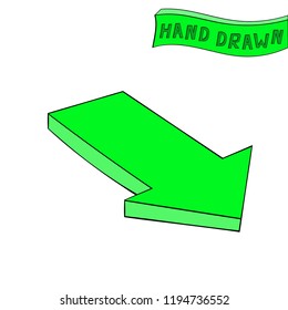 Arrow. Green Down sign. Hand drawn sketch. Vector illustration isolated on white background