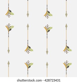 Arrow with green plumelets pattern. Tribal, Indian, Aztec, hipster, boho, Ethnic, Navajo elements for design. Texture for print, t-short, clothes, greeting card. Vector illustration.