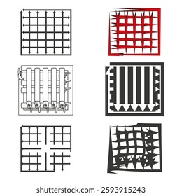 Arrow grid icons. Abstract directional patterns. Black and red shapes. Vector illustration. EPS 10.