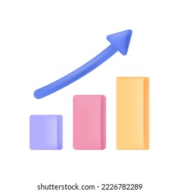 Arrow growing up above graph of financial profit, trends 3D icon. Purple, red and yellow bars of chart growing high 3D vector illustration on white background. Increase, success, economy concept