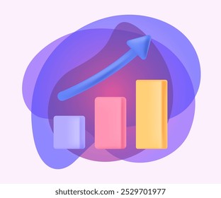 Arrow growing up above graph of financial profit, trends 3D icon. Purple, red and yellow bars of chart growing high 3D vector illustration on absteact background. Increase, success, economy concept