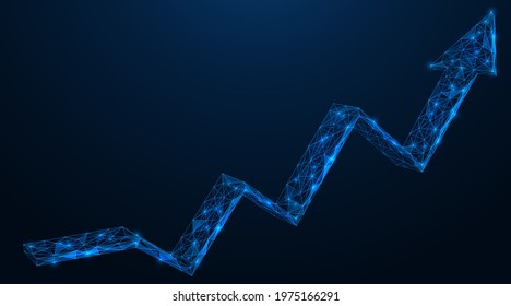Arrow growth chart. Ascent with descents to the top. Polygonal construction of lines and points.  Blue background.