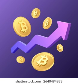 Up Arrow Growth Chart, Stock Market Graph with Money Gold Coin Element, Bitcoin. Profit Trade and Financial Increase, Economy Concept. Gradient Purple 3d Illustration Icon. Currency and Investment.